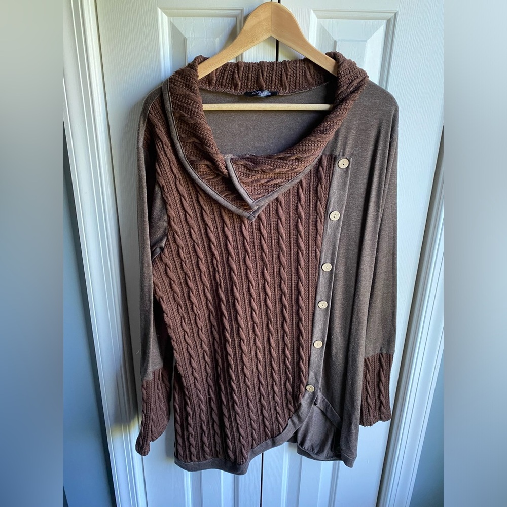 LoveU.Dear Womens Faux Button Pullover Brown Long Sleeve Knit Sweater Size 1XL